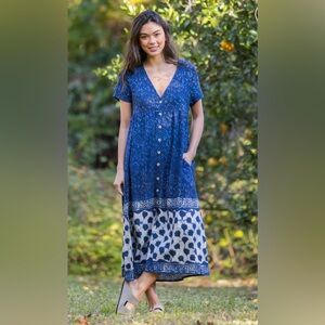NATURAL LIFE Shibori Dyed Indigo Button-Front Maxi Dress with Patterned Hem